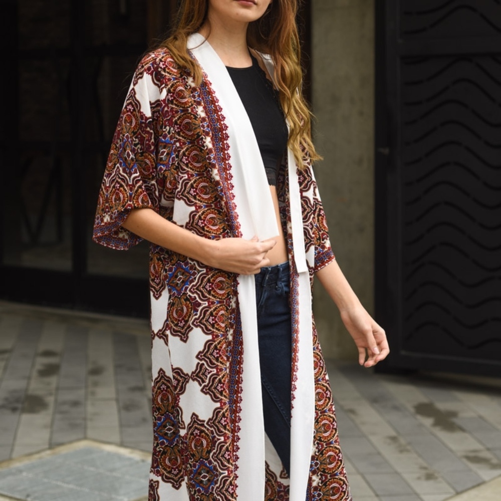 Long Line Moroccan Print Kimono Fall Floral White - Picture 5 of 7